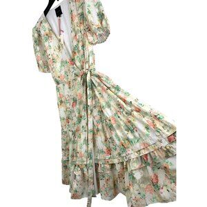 Alex Marie Pink Floral Wrap Midi Dress Tiered Puff Short Sleeves Sz 12 RD10175